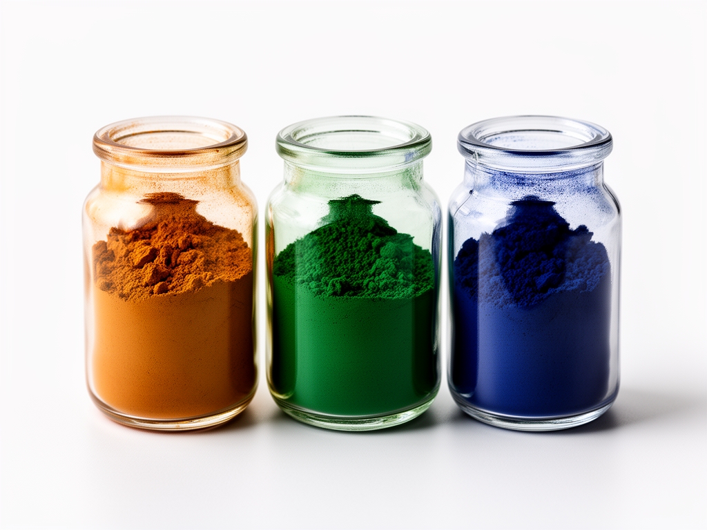 Frascos de vidrio con pigmentos naturales de colores vibrantes: ocre, verde esmeralda y azul índigo sobre fondo blanco con sombras suaves