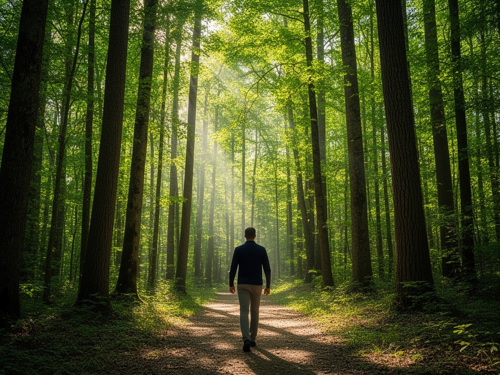 Persona caminando por sendero forestal entre árboles altos y luz solar filtrada a través del follaje verde, atmósfera serena y tranquila
