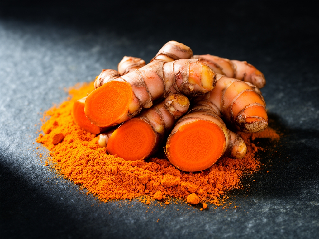 Raíces de cúrcuma fresca de color naranja intenso con polvo de cúrcuma derramado sobre superficie de piedra oscura con iluminación dramática lateral