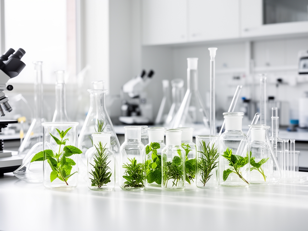 Laboratorio moderno con cristalería de vidrio transparente, frascos con extractos botánicos naturales y luz natural difusa sobre superficies blancas y de acero