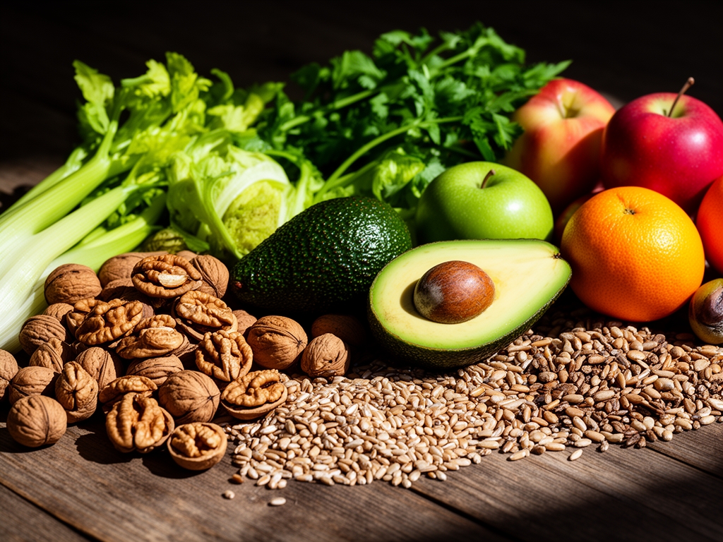 Composición artística de alimentos naturales: nueces, aguacate, granos integrales, verduras frescas y frutas sobre superficie de madera con luz lateral dramática y sombras naturales