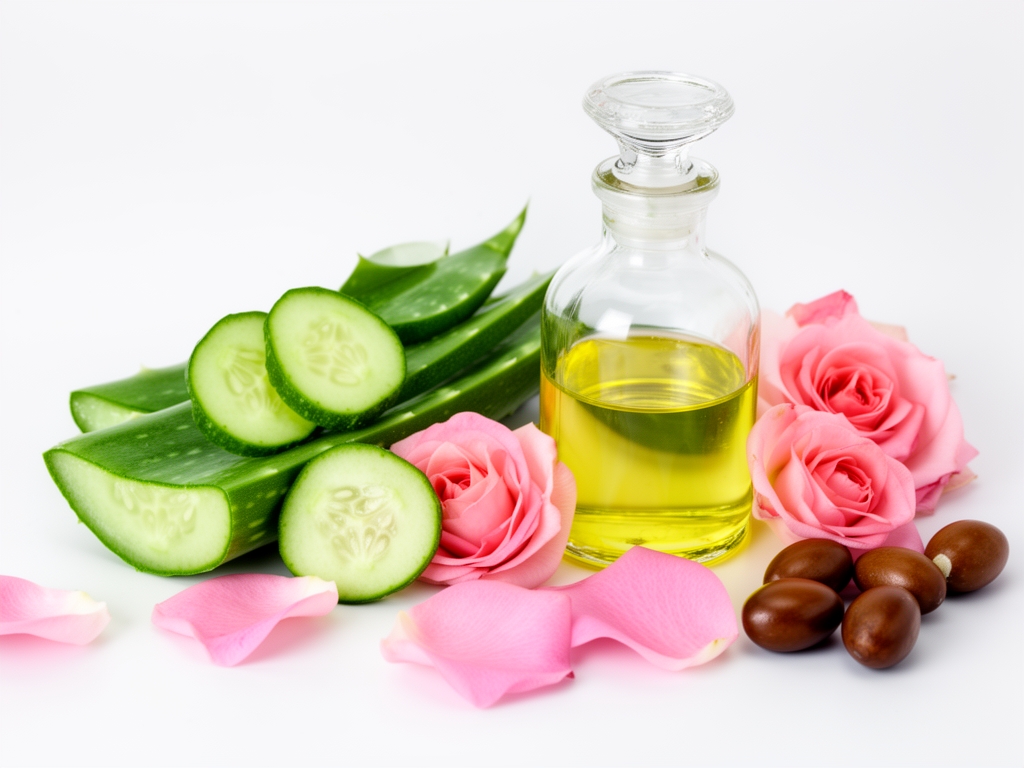 Composición artística de ingredientes naturales para el cuidado de la piel: rodajas de pepino, pétalos de rosa, extracto de aloe vera en frasco de vidrio y aceite de argán sobre superficie blanca con luz suave